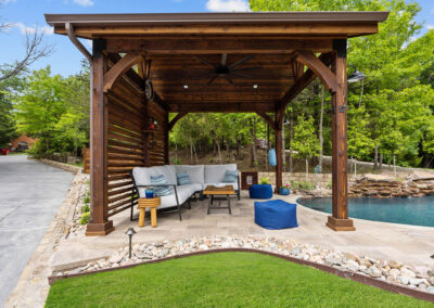 a pergola next to a pool and patio